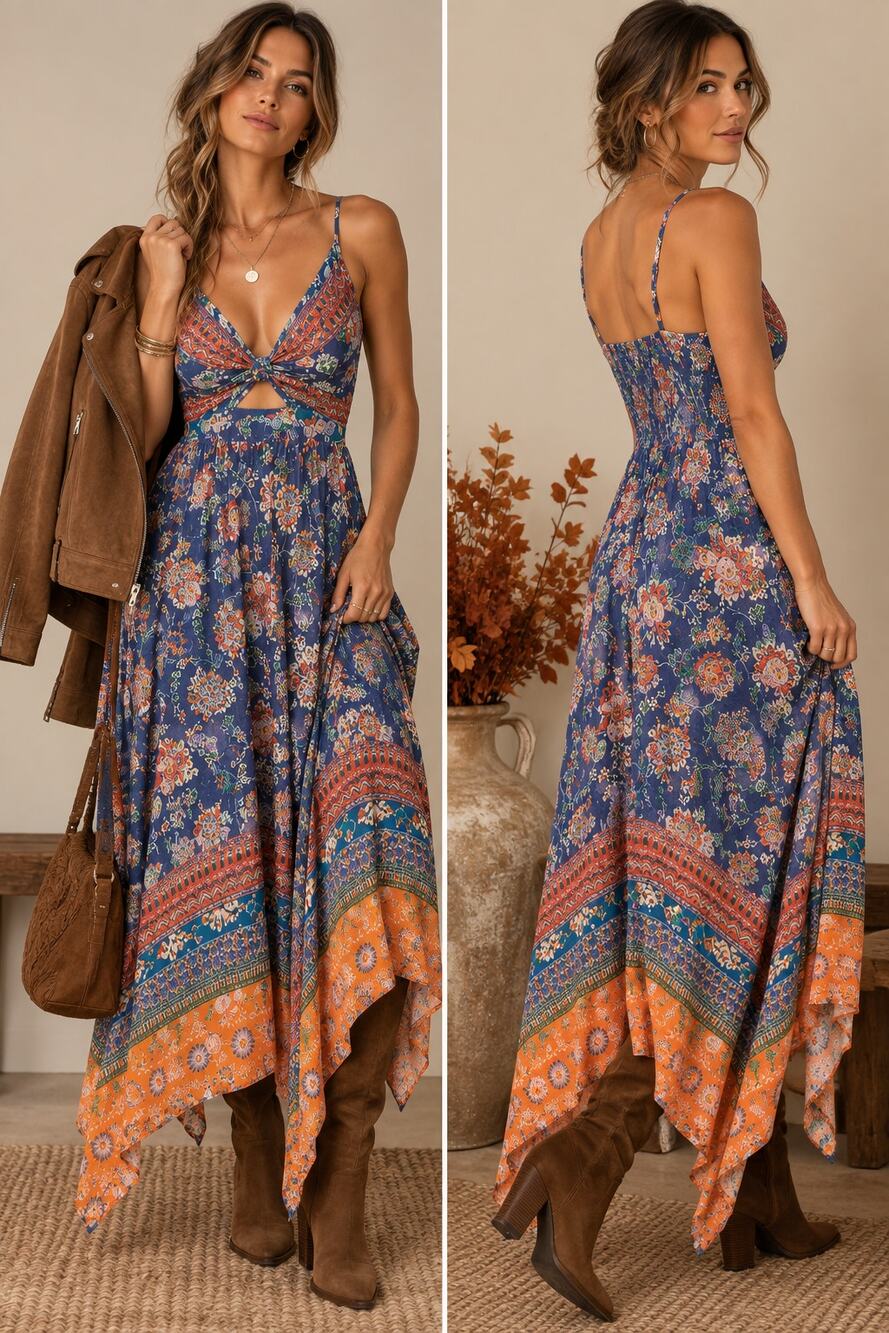Angie Blue Floral Boho Cutout Maxi Dress Handkerchief Hem NWT Large